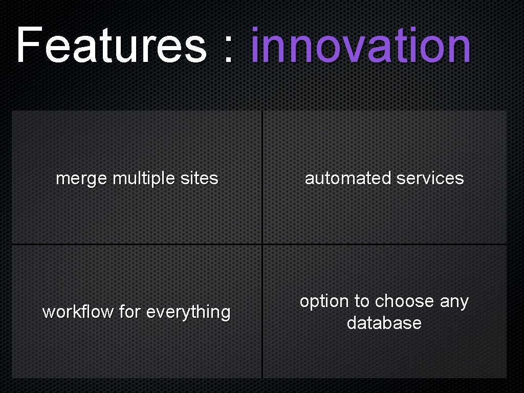 Features : innovation merge multiple sites automated services workflow for everything option to choose
