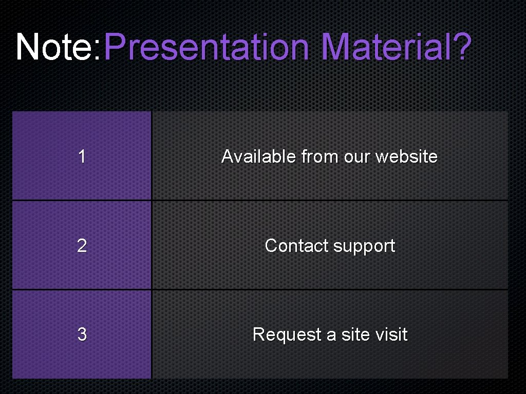 Note: Presentation Material? 1 Available from our website 2 Contact support 3 Request a