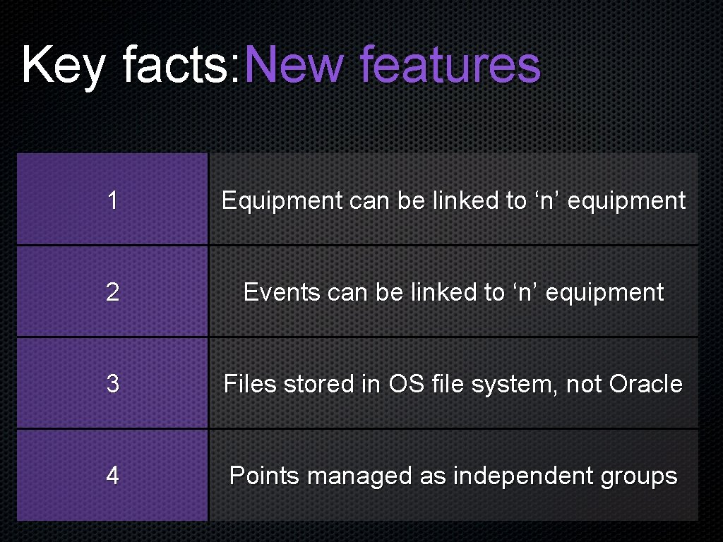 Key facts: New features 1 Equipment can be linked to ‘n’ equipment 2 Events