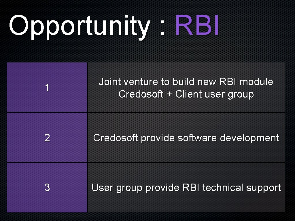 Opportunity : RBI 1 Joint venture to build new RBI module Credosoft + Client