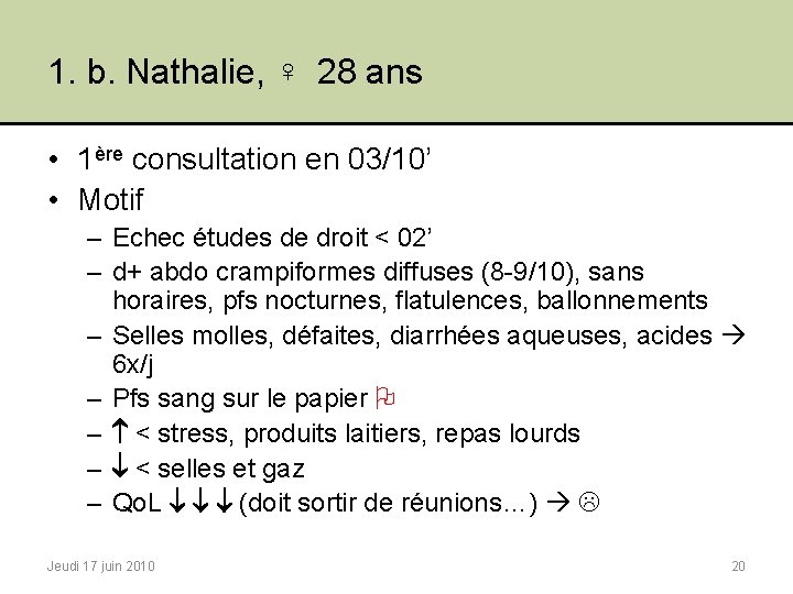 1. b. Nathalie, ♀ 28 ans • 1ère consultation en 03/10’ • Motif –