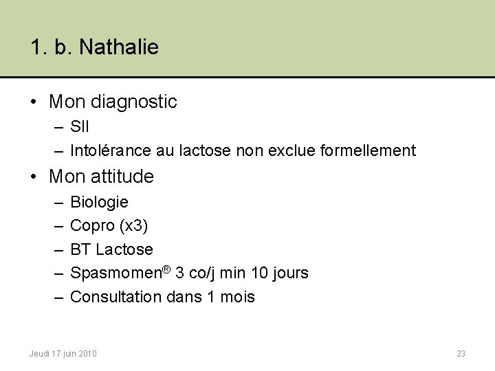 1. b. Nathalie • Mon diagnostic – SII – Intolérance au lactose non exclue
