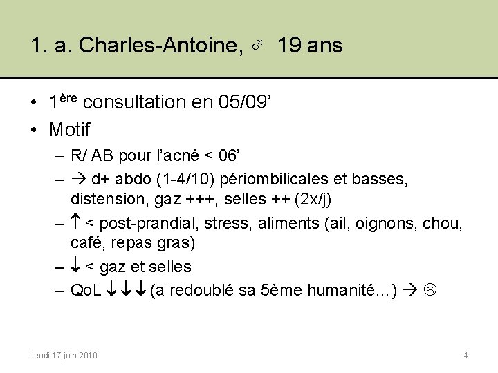 1. a. Charles-Antoine, ♂ 19 ans • 1ère consultation en 05/09’ • Motif –