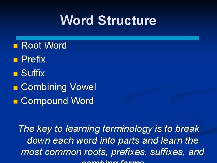 Word Structure Root Word n Prefix n Suffix n Combining Vowel n Compound Word