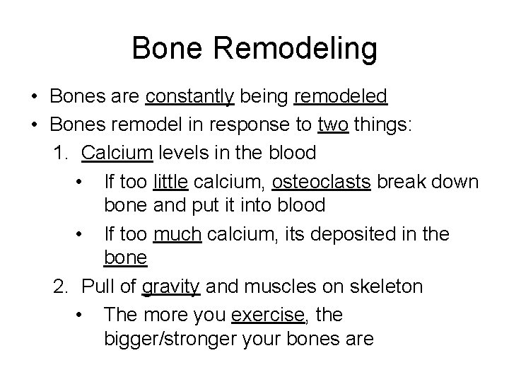 Bone Remodeling • Bones are constantly being remodeled • Bones remodel in response to