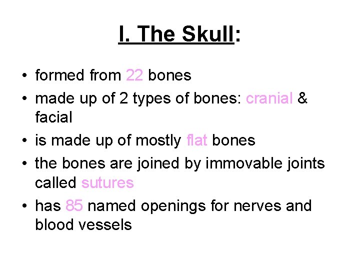 I. The Skull: • formed from 22 bones • made up of 2 types