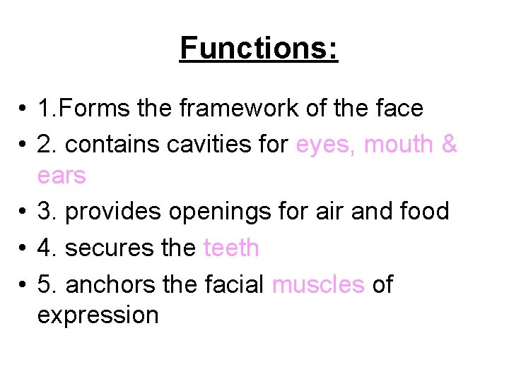 Functions: • 1. Forms the framework of the face • 2. contains cavities for