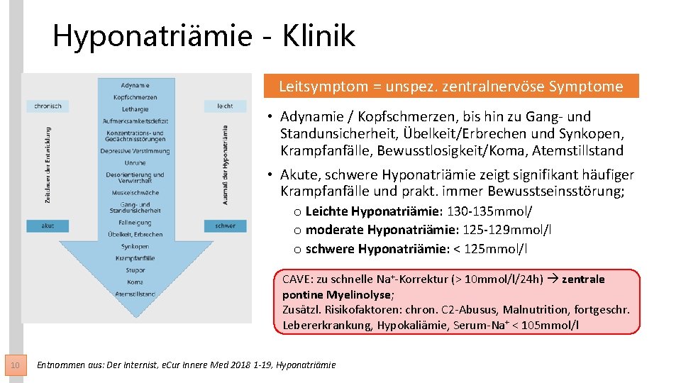 Hyponatriämie - Klinik Leitsymptom = unspez. zentralnervöse Symptome • Adynamie / Kopfschmerzen, bis hin