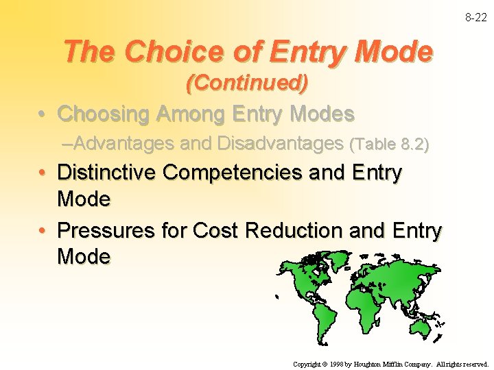 8 -22 The Choice of Entry Mode (Continued) • Choosing Among Entry Modes –Advantages