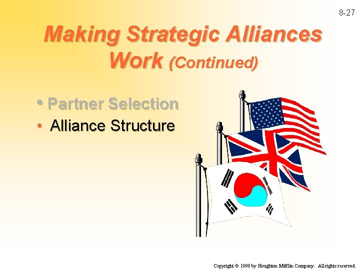 8 -27 Making Strategic Alliances Work (Continued) • Partner Selection • Alliance Structure Copyright
