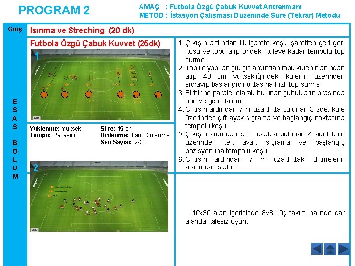 AMAÇ : Futbola Özgü Çabuk Kuvvet Antrenmanı METOD : İstasyon Çalışması Düzeninde Süre (Tekrar) AMAÇ : Futbola Özgü Çabuk Kuvvet Antrenmanı METOD : İstasyon Çalışması Düzeninde Süre (Tekrar)
