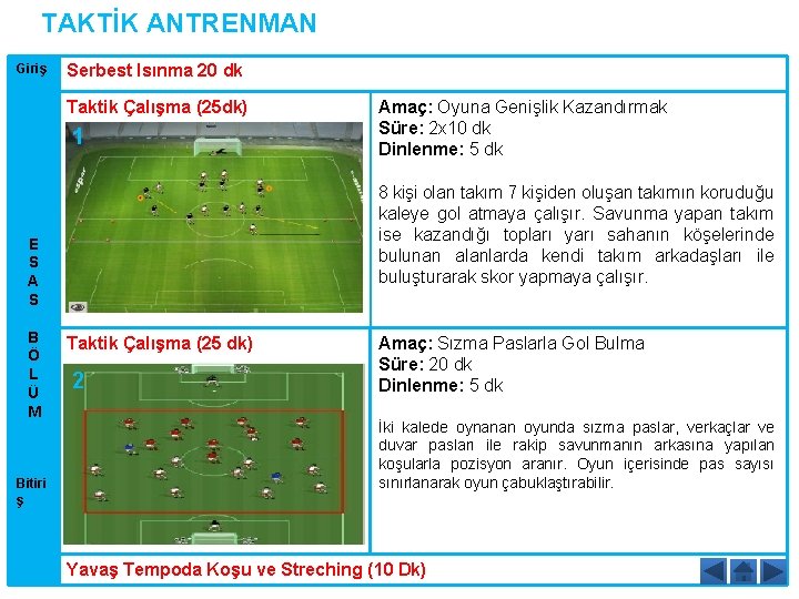 TAKTİK ANTRENMAN Giriş Serbest Isınma 20 dk Taktik Çalışma (25 dk) 1 8 kişi TAKTİK ANTRENMAN Giriş Serbest Isınma 20 dk Taktik Çalışma (25 dk) 1 8 kişi
