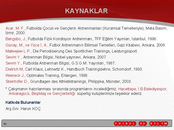 KAYNAKLAR Acar, M. F. , Futbolda Çocuk ve Gençlerin Antrenmanları (Kuramsal Temelleriyle), Meta Basım, KAYNAKLAR Acar, M. F. , Futbolda Çocuk ve Gençlerin Antrenmanları (Kuramsal Temelleriyle), Meta Basım,