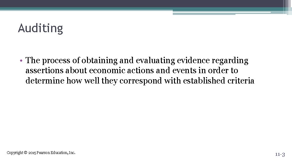 Auditing • The process of obtaining and evaluating evidence regarding assertions about economic actions