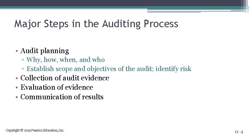 Major Steps in the Auditing Process • Audit planning ▫ Why, how, when, and