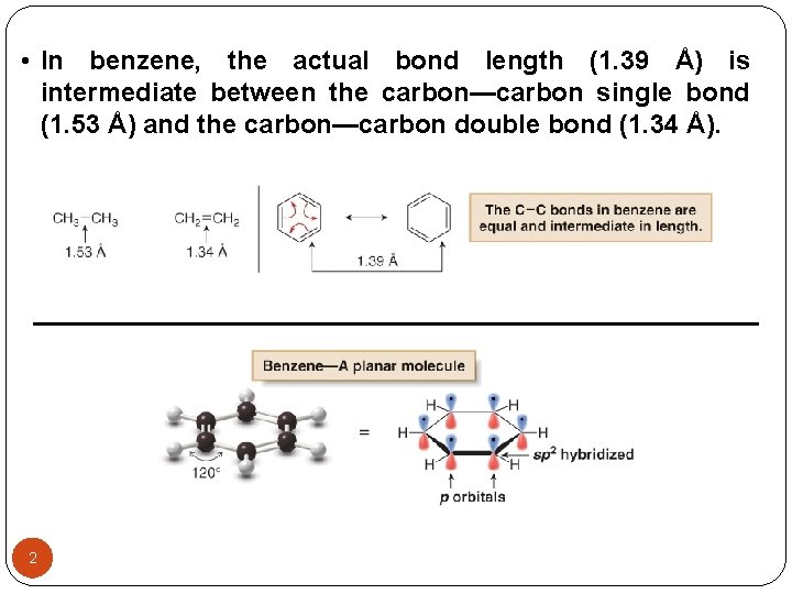 • In benzene, the actual bond length (1. 39 Å) is intermediate between