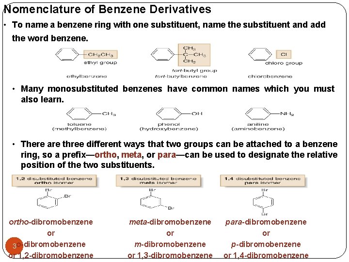 Nomenclature of Benzene Derivatives • To name a benzene ring with one substituent, name