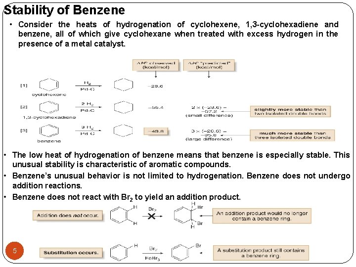 Stability of Benzene • Consider the heats of hydrogenation of cyclohexene, 1, 3 -cyclohexadiene