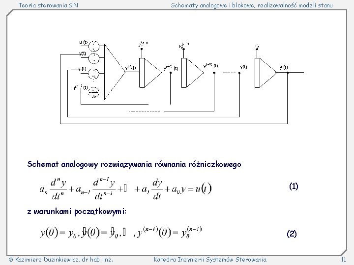 Teoria sterowania SN Schematy analogowe i blokowe, realizowalność modeli stanu Schemat analogowy rozwiązywania równania