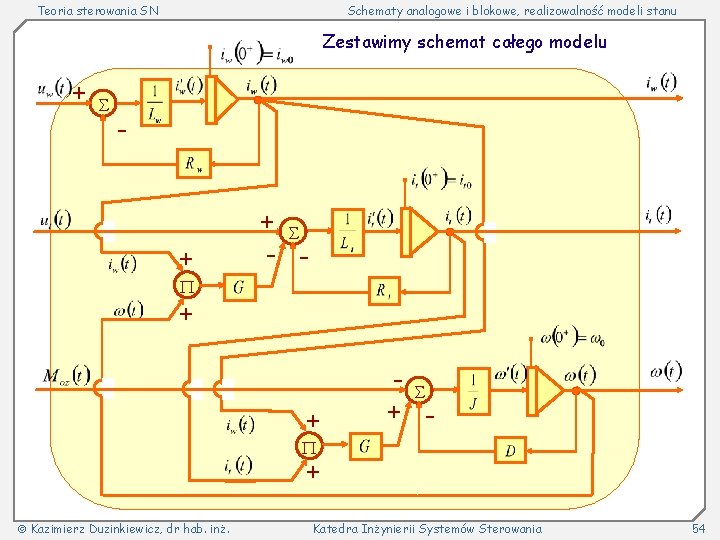 Teoria sterowania SN Schematy analogowe i blokowe, realizowalność modeli stanu Zestawimy schemat całego modelu