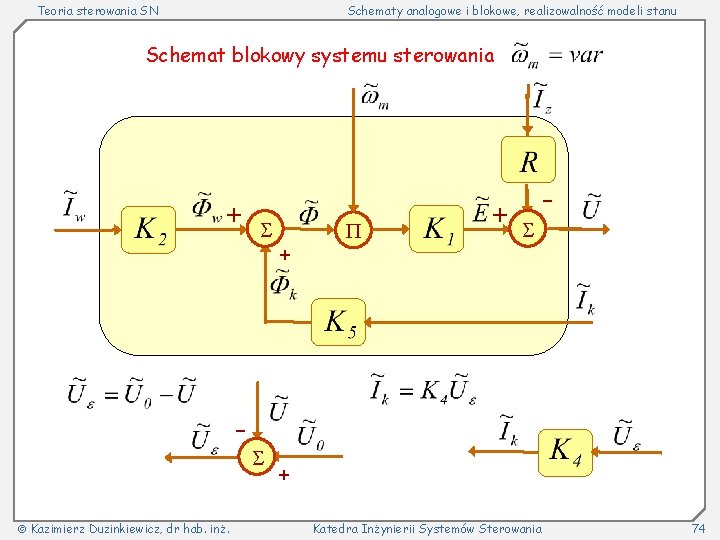 Teoria sterowania SN Schematy analogowe i blokowe, realizowalność modeli stanu Schemat blokowy systemu sterowania