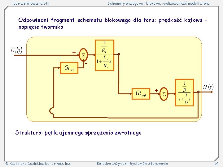 Teoria sterowania SN Schematy analogowe i blokowe, realizowalność modeli stanu Odpowiedni fragment schematu blokowego