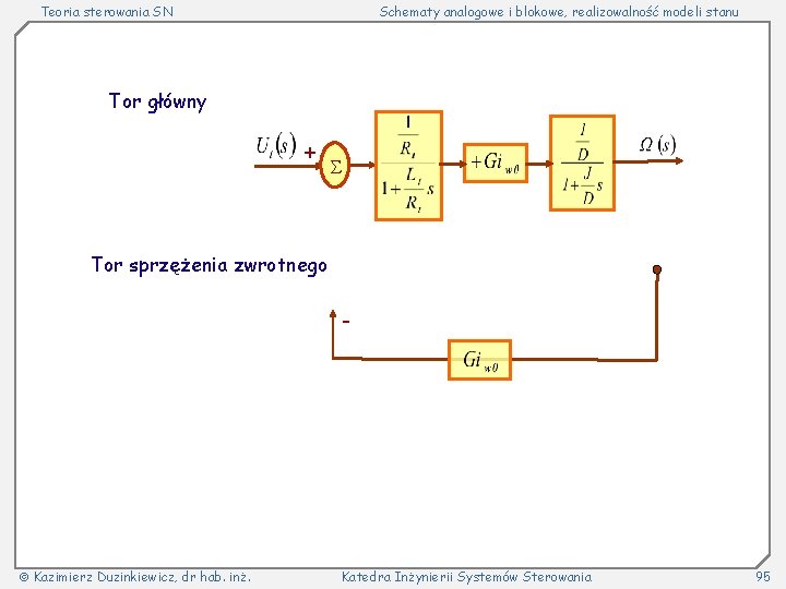 Teoria sterowania SN Schematy analogowe i blokowe, realizowalność modeli stanu Tor główny Tor sprzężenia