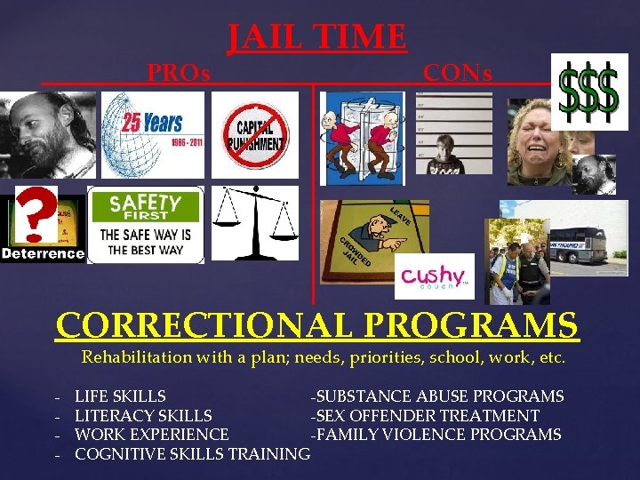 ____ PROs JAIL TIME CONs____ CORRECTIONAL PROGRAMS Rehabilitation with a plan; needs, priorities, school, ____ PROs JAIL TIME CONs____ CORRECTIONAL PROGRAMS Rehabilitation with a plan; needs, priorities, school,