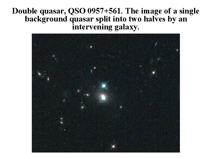 Double quasar, QSO 0957+561. The image of a single background quasar split into two