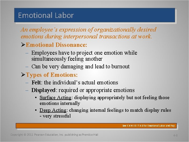 Emotional Labor An employee’s expression of organizationally desired emotions during interpersonal transactions at work.