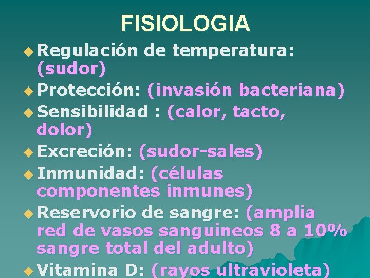 FISIOLOGIA u Regulación de temperatura: (sudor) u Protección: (invasión bacteriana) u Sensibilidad : (calor,