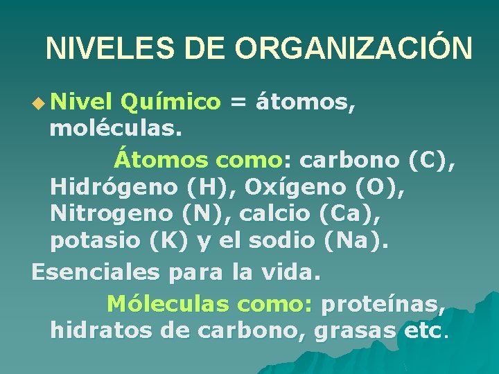 NIVELES DE ORGANIZACIÓN u Nivel Químico = átomos, moléculas. Átomos como: carbono (C), Hidrógeno