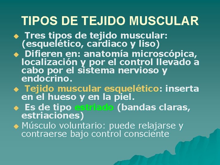 TIPOS DE TEJIDO MUSCULAR Tres tipos de tejido muscular: (esquelético, cardiaco y liso) u