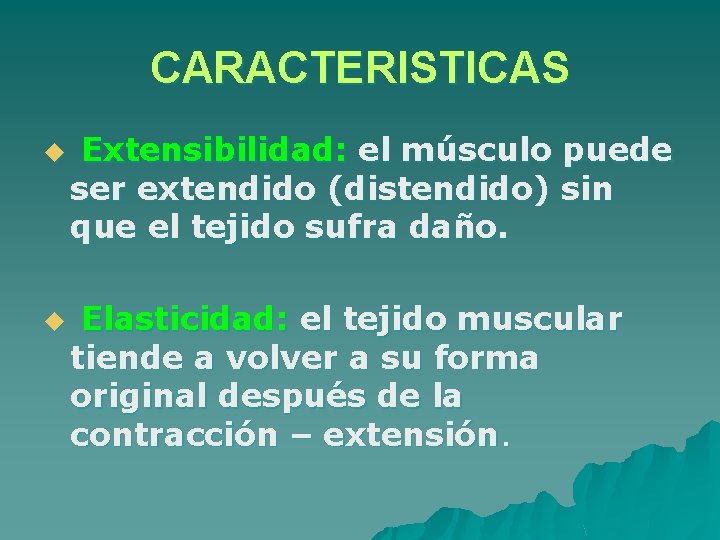 CARACTERISTICAS u u Extensibilidad: el músculo puede ser extendido (distendido) sin que el tejido