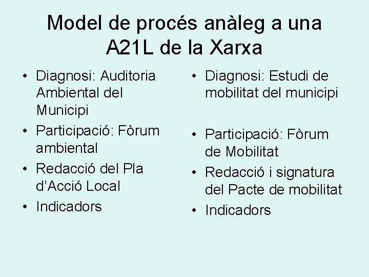 Model de procés anàleg a una A 21 L de la Xarxa • Diagnosi: