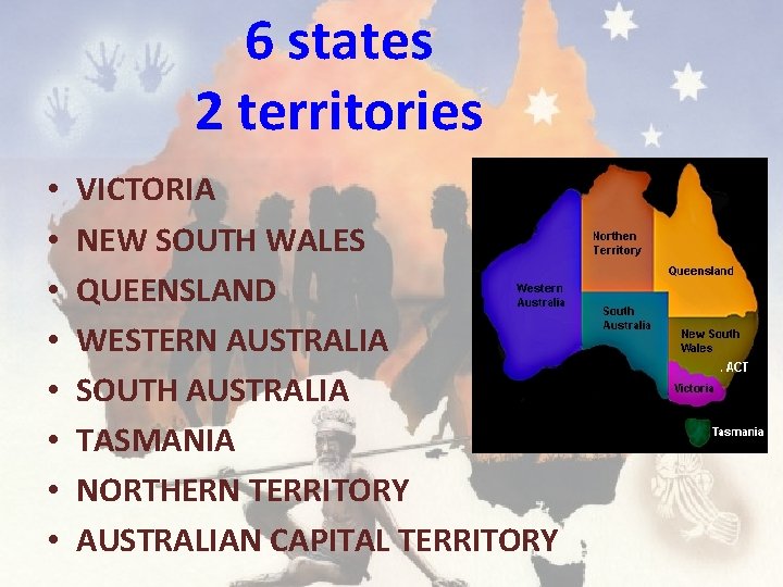 6 states 2 territories • • VICTORIA NEW SOUTH WALES QUEENSLAND WESTERN AUSTRALIA SOUTH