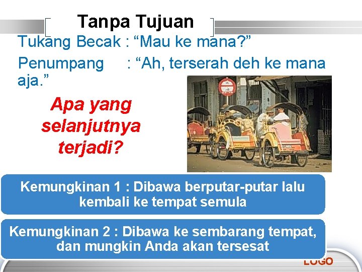 Tanpa Tujuan Tukang Becak : “Mau ke mana? ” Penumpang : “Ah, terserah deh