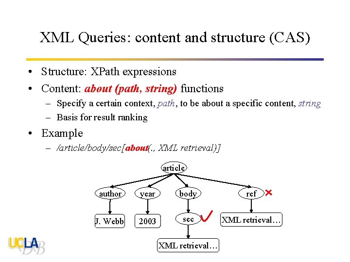 XML Queries: content and structure (CAS) • Structure: XPath expressions • Content: about (path,