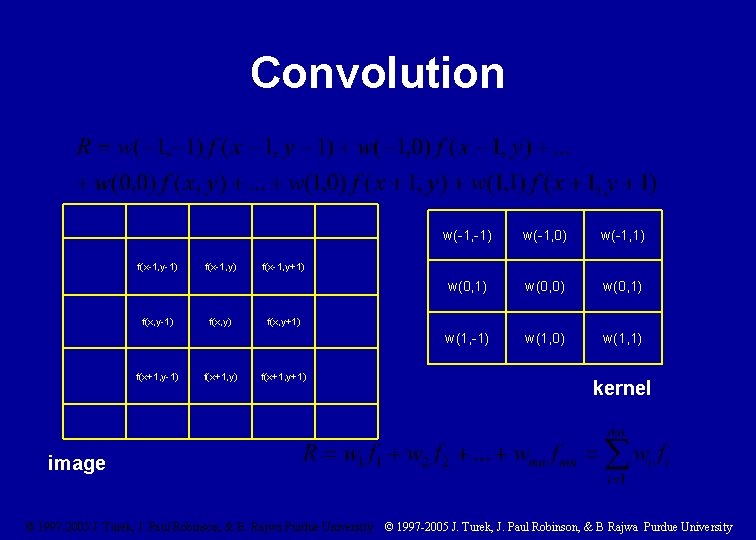 Convolution f(x-1, y-1) f(x+1, y-1) f(x-1, y) f(x+1, y) w(-1, -1) w(-1, 0) w(-1,