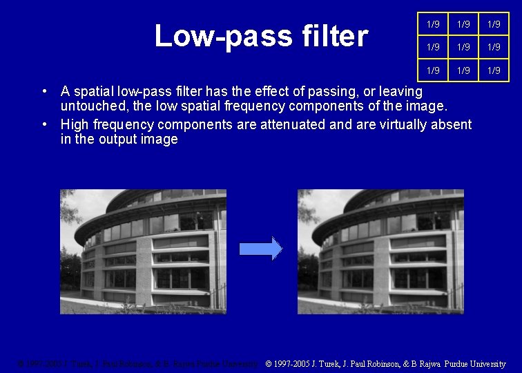 Low-pass filter 1/9 1/9 1/9 • A spatial low-pass filter has the effect of