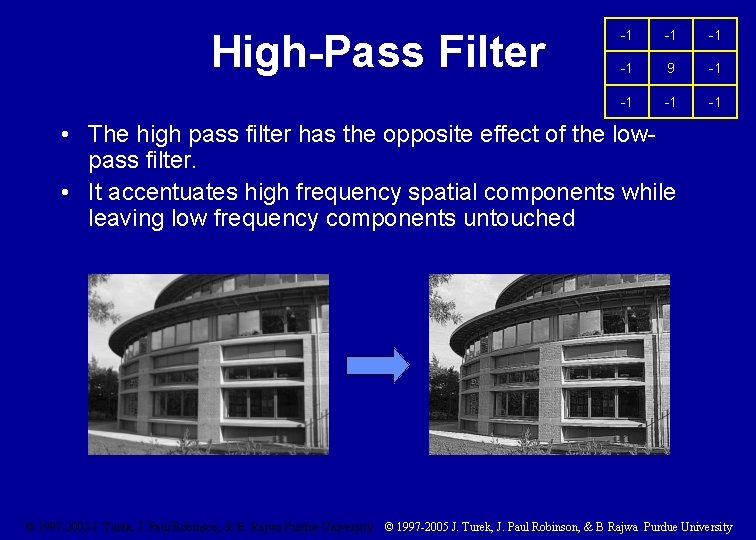 High-Pass Filter -1 -1 9 -1 -1 • The high pass filter has the