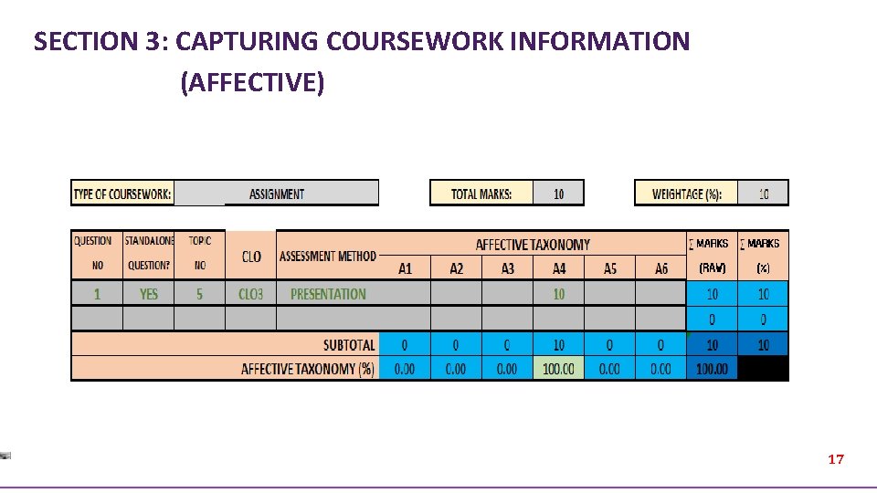 SECTION 3: CAPTURING COURSEWORK INFORMATION (AFFECTIVE) 17 