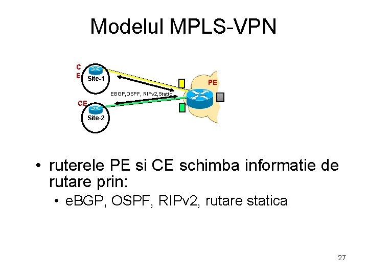 Modelul MPLS-VPN C E Site-1 PE EBGP, OSPF, RIPv 2, Static CE Site-2 •