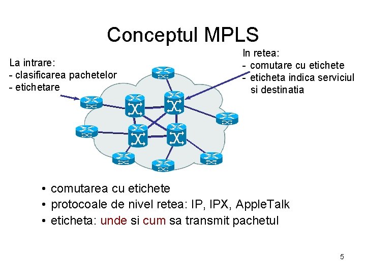 Conceptul MPLS La intrare: - clasificarea pachetelor - etichetare In retea: - comutare cu