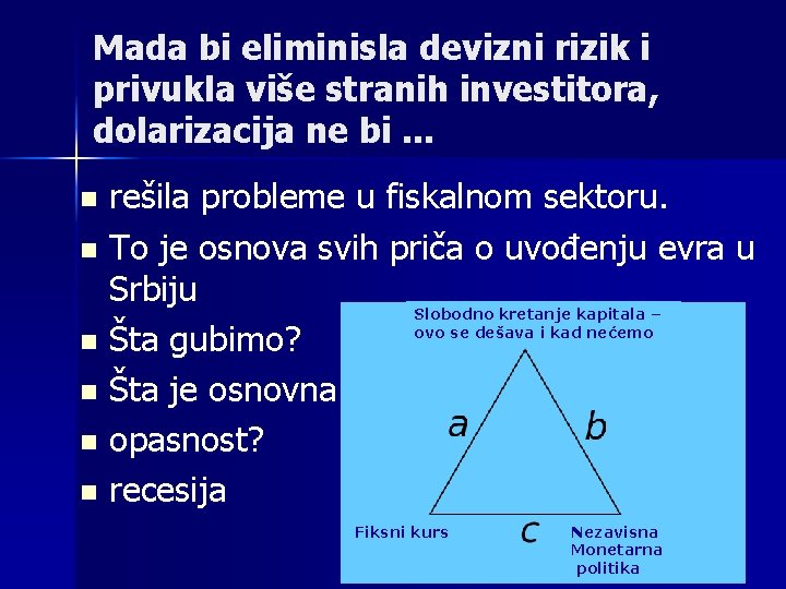 Mada bi eliminisla devizni rizik i privukla više stranih investitora, dolarizacija ne bi. .