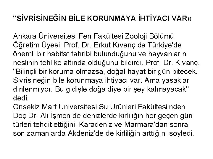 "SİVRİSİNEĞİN BİLE KORUNMAYA İHTİYACI VAR « Ankara Üniversitesi Fen Fakültesi Zooloji Bölümü Öğretim Üyesi