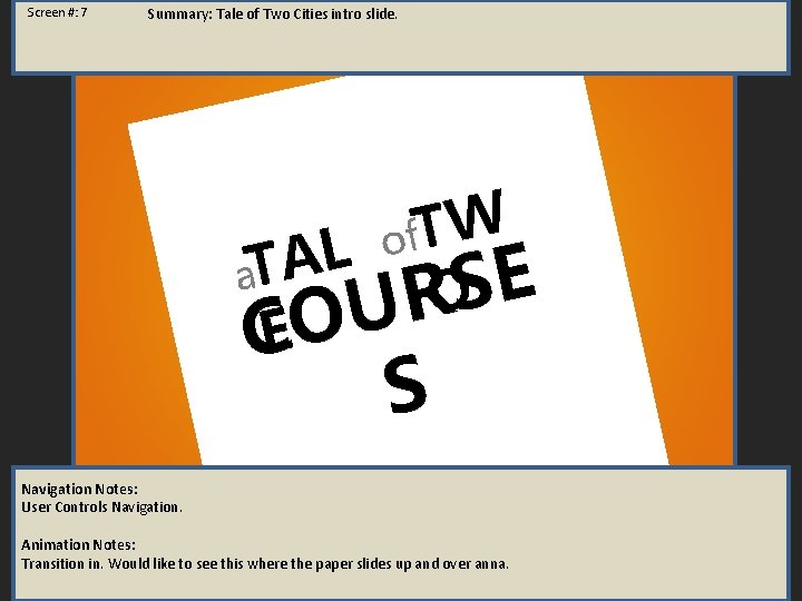 Screen #: 7 Summary: Tale of Two Cities intro slide. of. TW L A