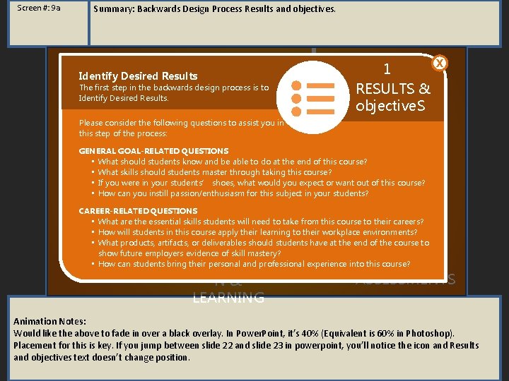Screen #: 9 a Summary: Backwards Design Process Results and objectives. Identify Desired Results