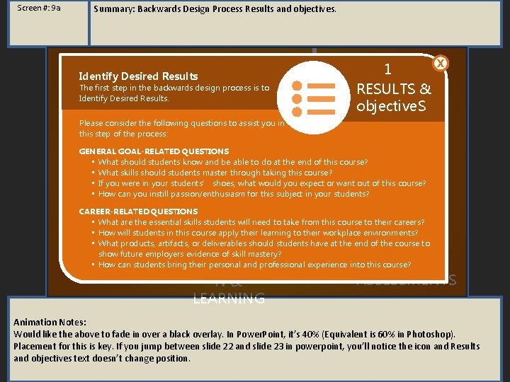 Screen #: 9 a Summary: Backwards Design Process Results and objectives. Identify Desired Results Screen #: 9 a Summary: Backwards Design Process Results and objectives. Identify Desired Results