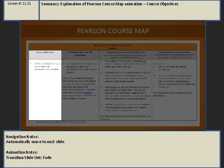 Screen #: 11. 01 Summary: Explanation of Pearson Course Map animation – Course Objectives